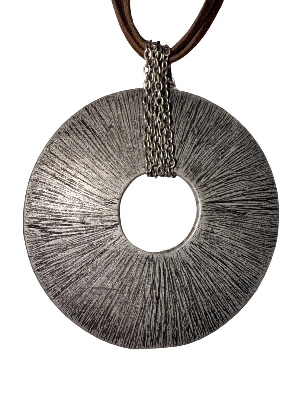 Reversible Textured Circle Pendant Necklace | Brown Multi-Strand Cord | Gunmetal - Picture 5 of 13